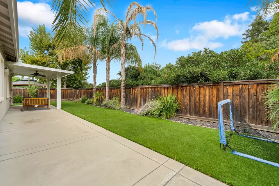 Backyard lawn with a small goal, palm trees, garden borders and covered patio seating.